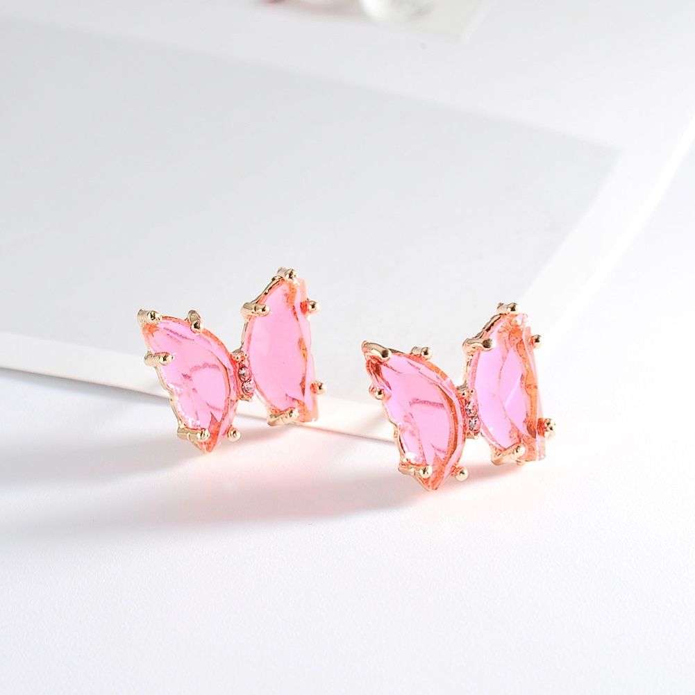 Anting Stud Desain Kupu-Kupu Aksen Kristal Tiruan Model Transparan Untuk Wanita