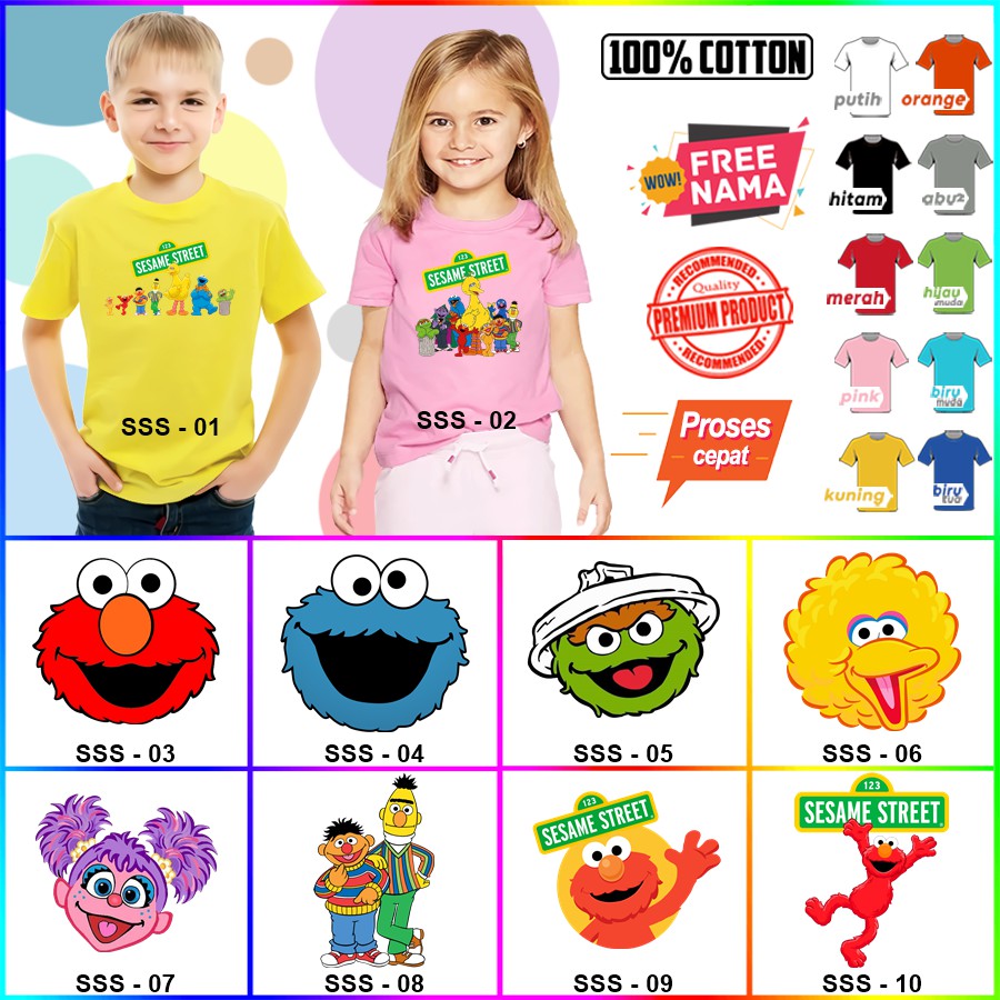 Baju Kaos ANAK DAN DEWASA SESAME STREET ELMO COUPLE (FREE NAMA)