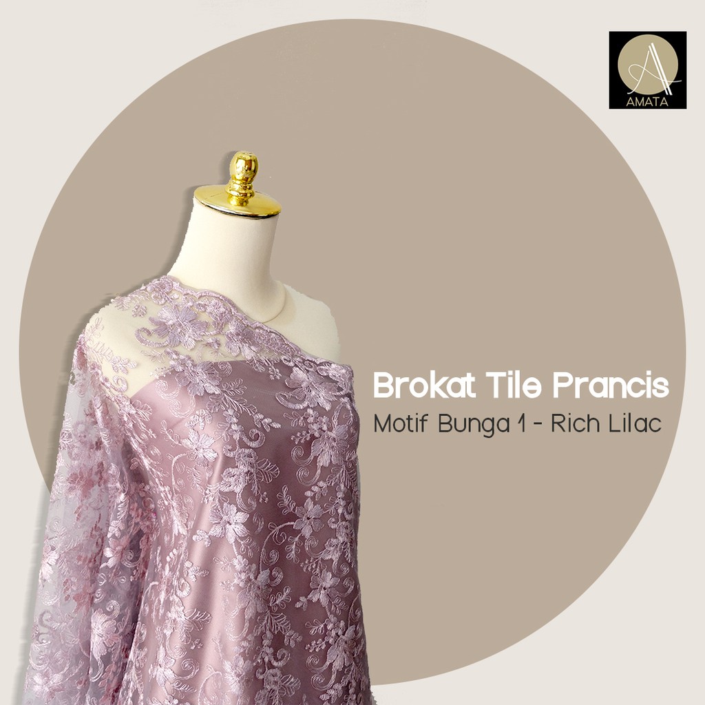 1/2 meter Kain Brokat Brukat Tile Prancis Bahan Kebaya Motif Bunga Warna Rich Lilac (Ungu)