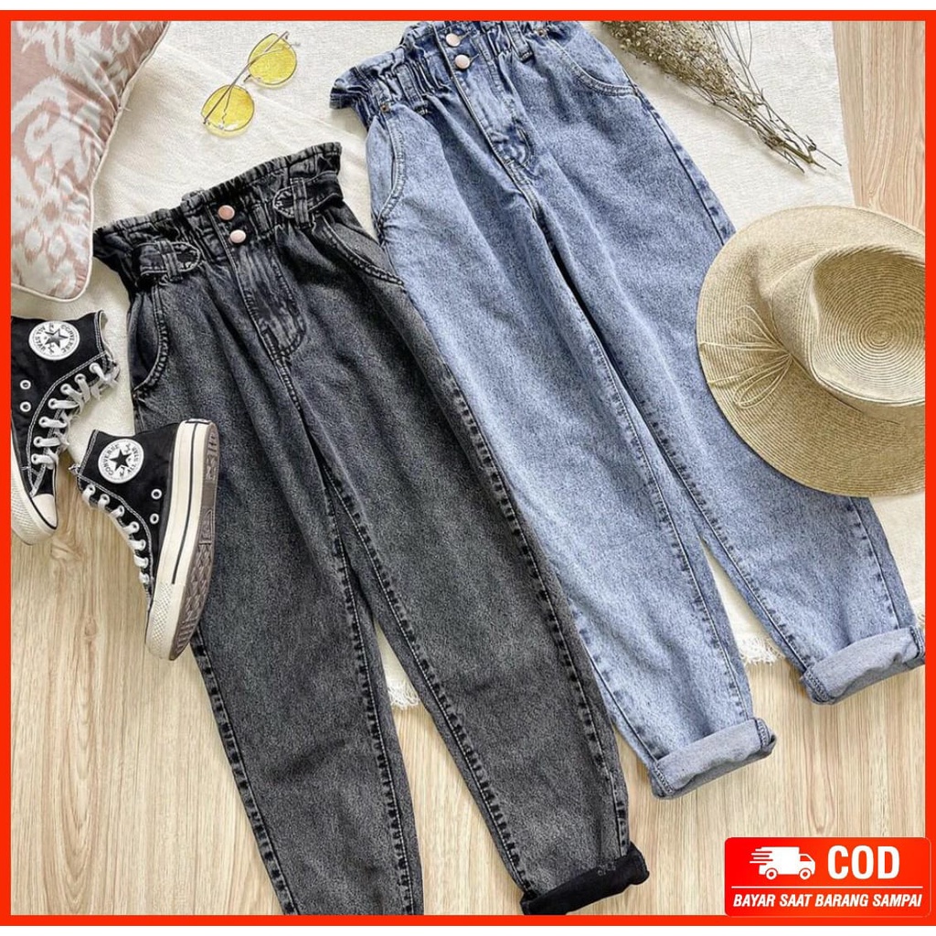 Celana Panjang Jeans Boyfriend High Waist Korean Denim Wanita Kerut K.2 // Celana Highwaist Loose