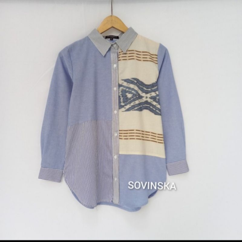 Atasan Batik Kombinasi Salur WP 221 Biru Kemeja Wanita Lengan Panjang Baju Kerja Wanita batik modern