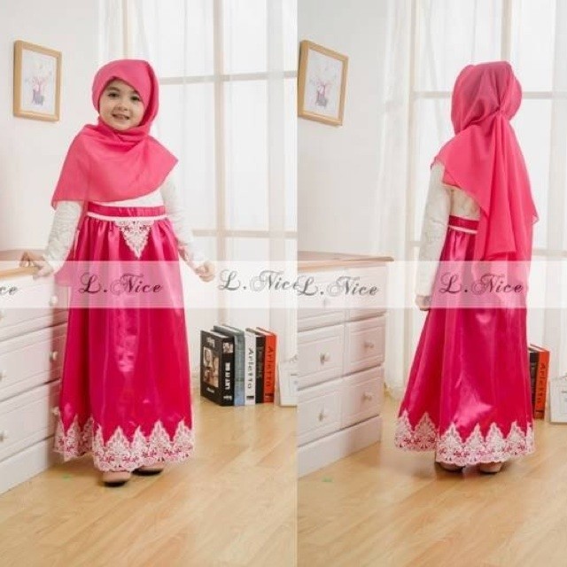 Gamis Anak 1-12 Tahun Pink Brokat Renda termasuk Kerudung