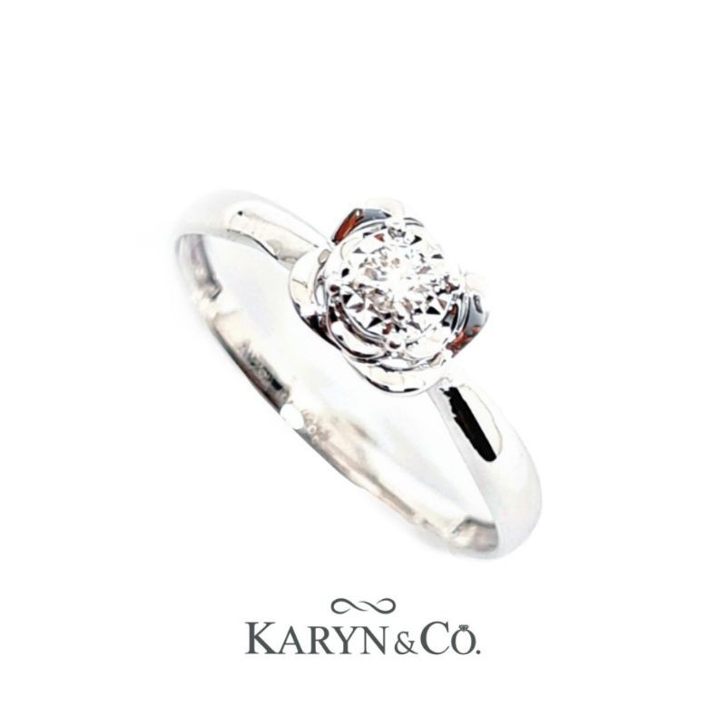 Cincin berlian wanita model solitaire illusion mangkokan bunga kotak rangka emas putih