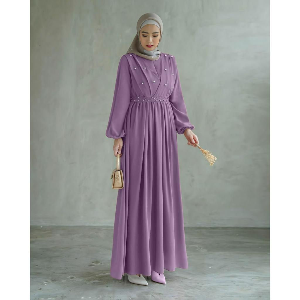 Demore Azhalea Dress Maxy Ceruty Babydoll Gamis Prewedding Aplikasi Mutiara Dress Kondangan Gamis Pesta Mutiara