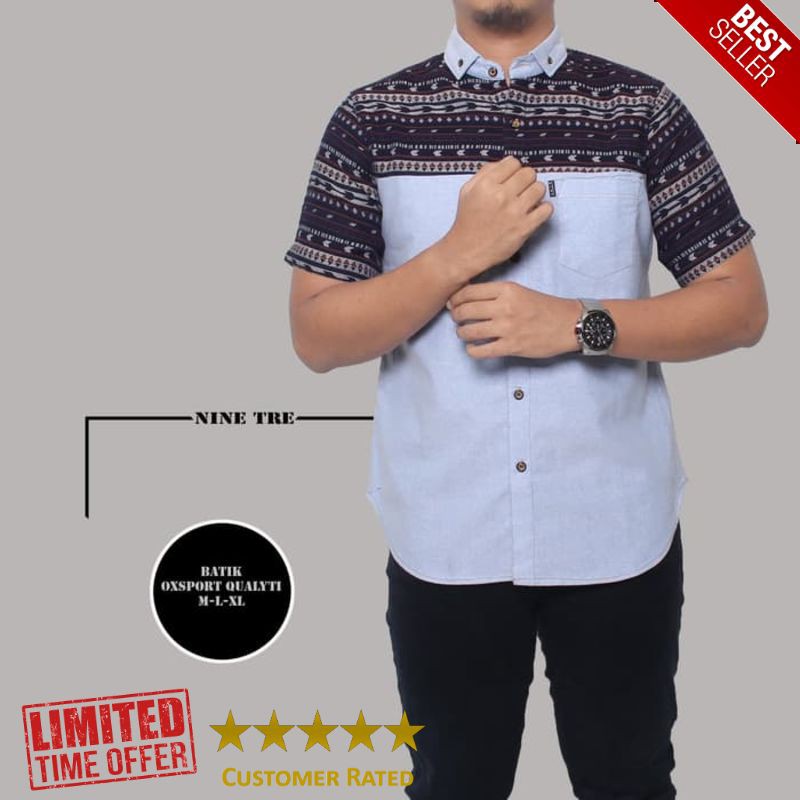 TERLARIS kemeja pria lengan pendek / kemeja motif batik pria - Biru Muda L Big Size Jumbo