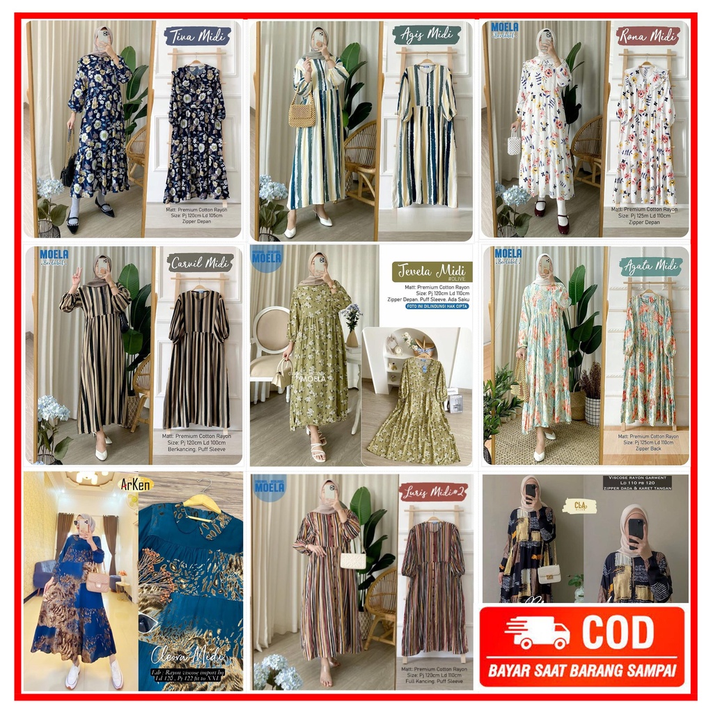 Midi Dress Rayon Premium Motif Kekinian Terbaru Busui Lengan Panjang Murah