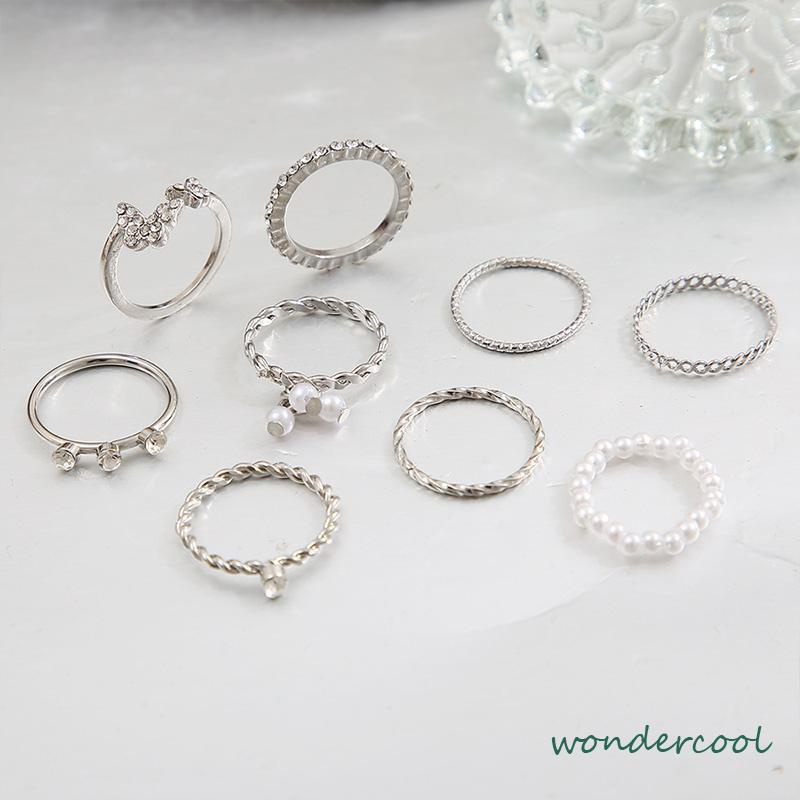 9 PCS Wanita Tipis Berongga Mutiara Kristal Kupu-kupu Berlian Premium Knuckle Ring Set-Won