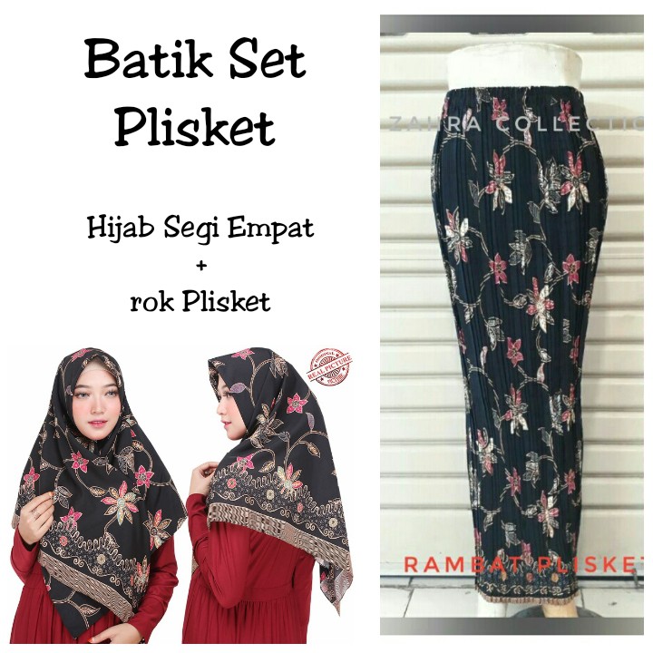 Batik Set Cukim Hijab Segi Empat dan Rok Plisket Maxi Jumbo Wanita