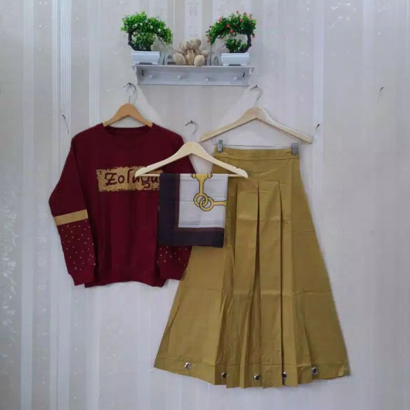 3 in 1 setelan rok ring + kaos combed zolaqu lengan bintik + hijab voal