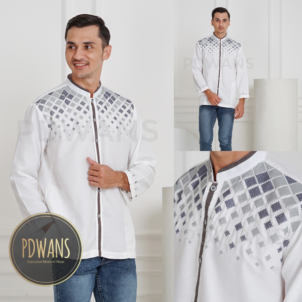 Baju Koko Lengan Panjang Putih Tulang Kemeja Koko Muslim Bordir M L XL PDWANS - SEPJG12