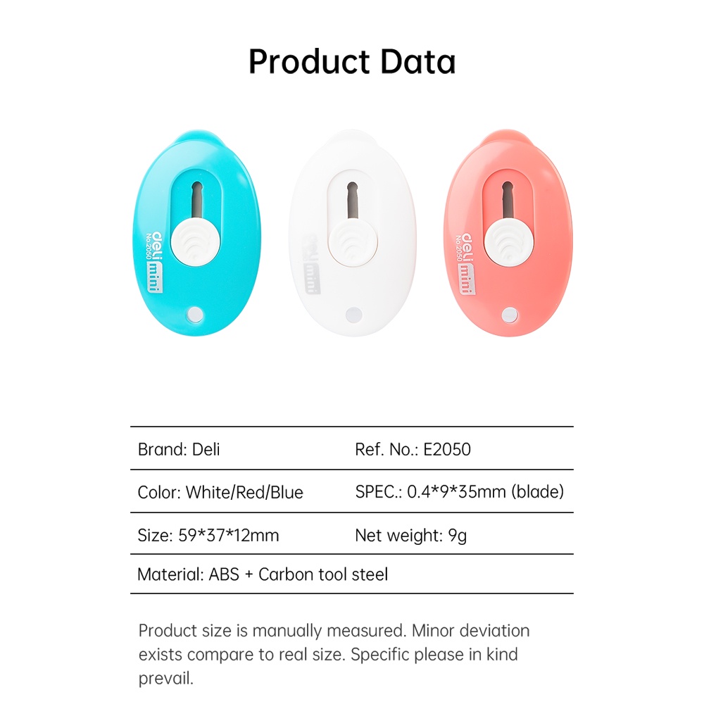 Deli Mini Cutter Portabel 3 Warna Desain Simple, Pisau Tajam, Untuk Membuka Paket E2050