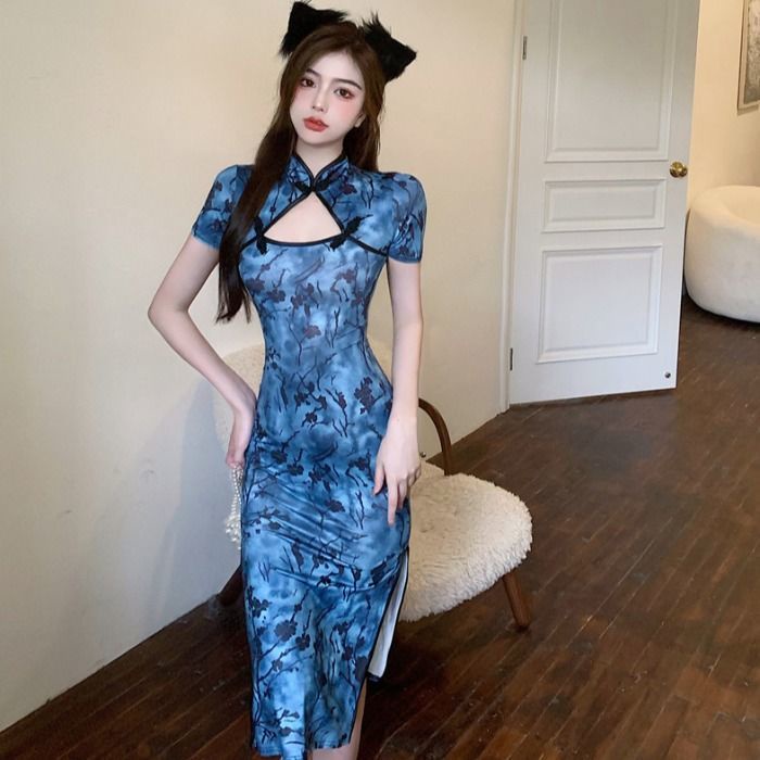 Vintage daily cheongsam improved version young style bone etching hollow out high split middle and l