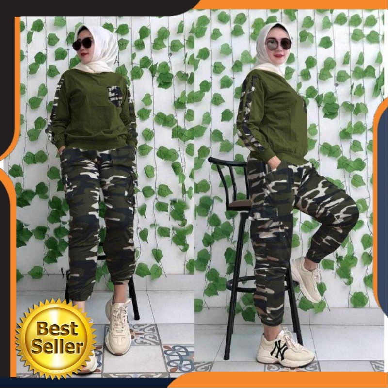 CL ARMY SET WANITA TREND FASHION WANITA TERKINI Setelan Wanita Celana Loreng Army terlaris Sport