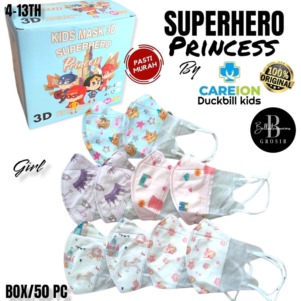 CAREION DUCKBILL ANAK SUPERHERO PRINCESS MOTIF BOX 50 PC - MASKER DUCKBILL KIDS CHILD 3PLY CAREION KEMENKES