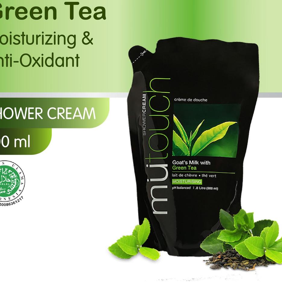 ➻ MuTouch Goat's Milk Shower Cream Green Tea 800ml (Sabun Mandi) FREE Shower Puff ➦