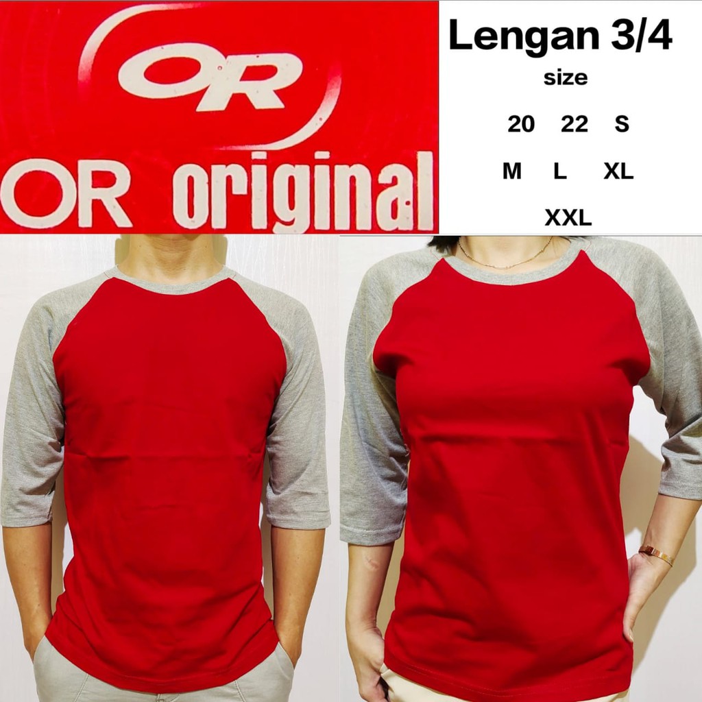 kaos polos raglan merah lengan abu misty 3/4 20 22 S M L XL XXL