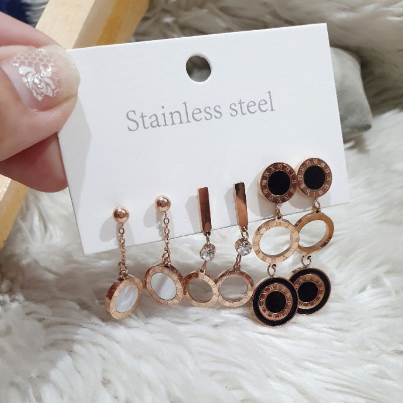 Anting Titanium Asli isi 3 set Rosegold Bvl Anting Set Stainless Steel Tidak karatan antt 02