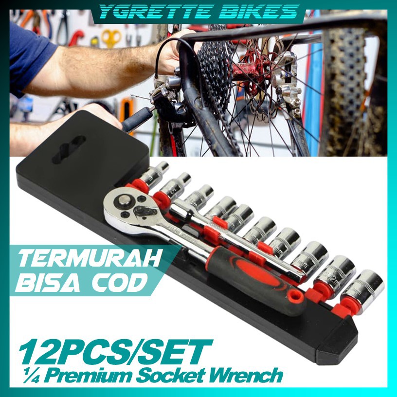 YGRETTE - Kunci Pas PERBAIKAN SEPEDA CR-V Drive Socket Wrench Set 1/4 Handle 12 PCS RATCHET SOKET