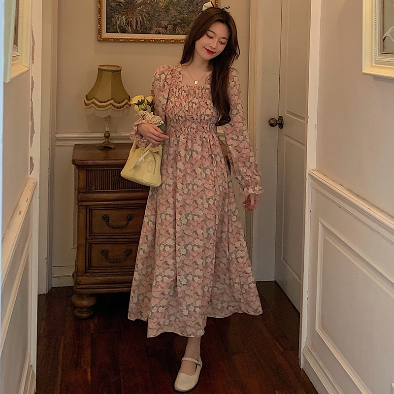 AIMEI Vintage French Square Neck Chiffon High Waist Mid-length Dress-2