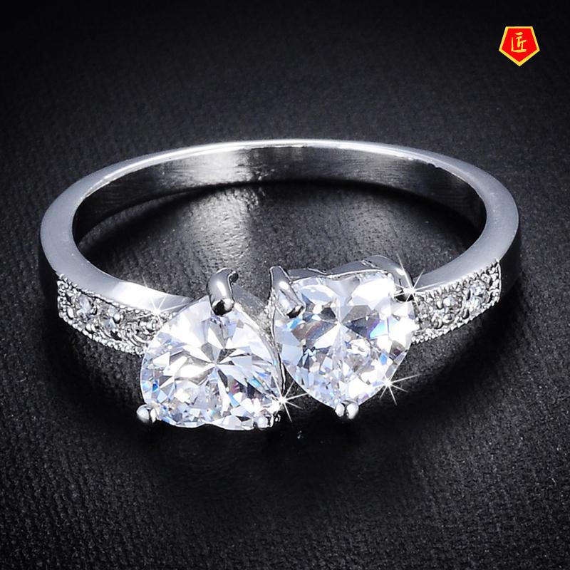 [Ready Stock]Fashion Double Heart-Shaped Moissanite Ring Female