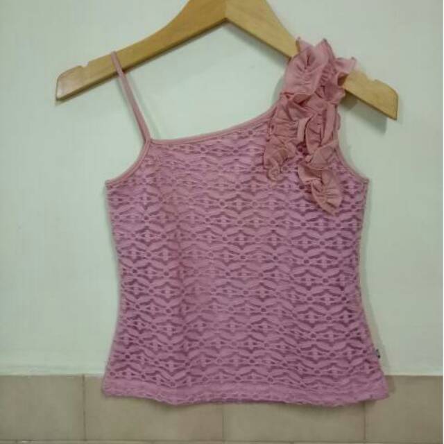One shoulder lace crop tank top atasan brokat renda