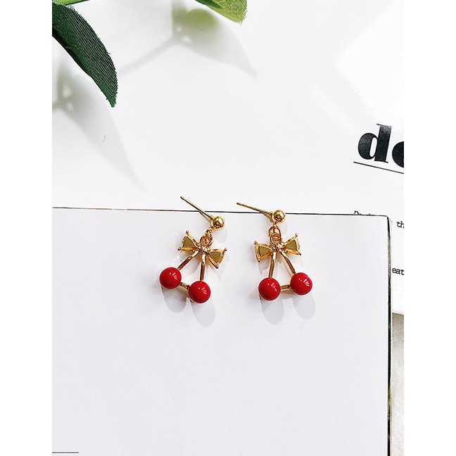 LRC Anting Tusuk Fashion Red Cherry Shape Decorated Earrings