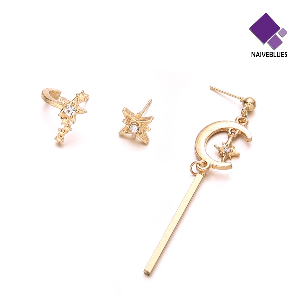 3pcs / Set Anting Stud Bentuk Bulan Bintang Aksen Berlian Imitasi Untuk Wanita