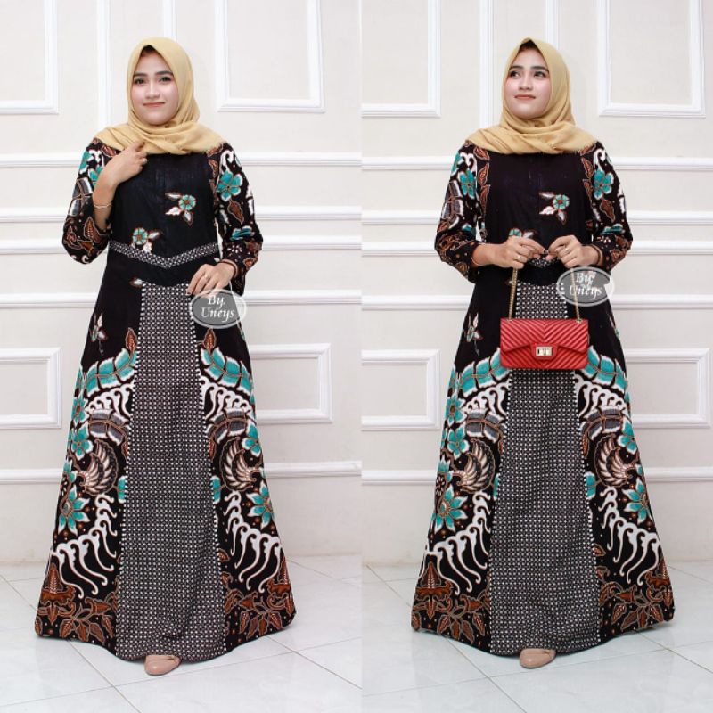 Baju pesta wanita muslimah panjang Gamis katun kombinasi wanita muslim murah cantik lengan panjang motif batik etnik bagus  kondangan kasual kekinian terbaru