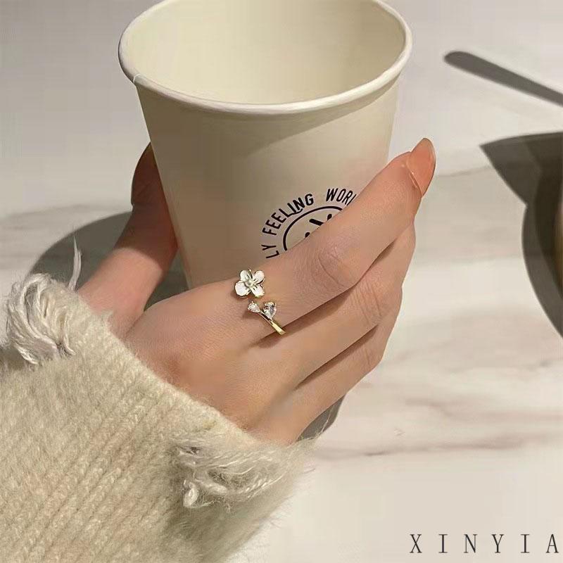 【COD】Cincin Model Terbuka Desain Bunga Hias Mutiara + Zircon Adjustable Untuk Wanita Bunga Gaya Simple Untuk Wanita