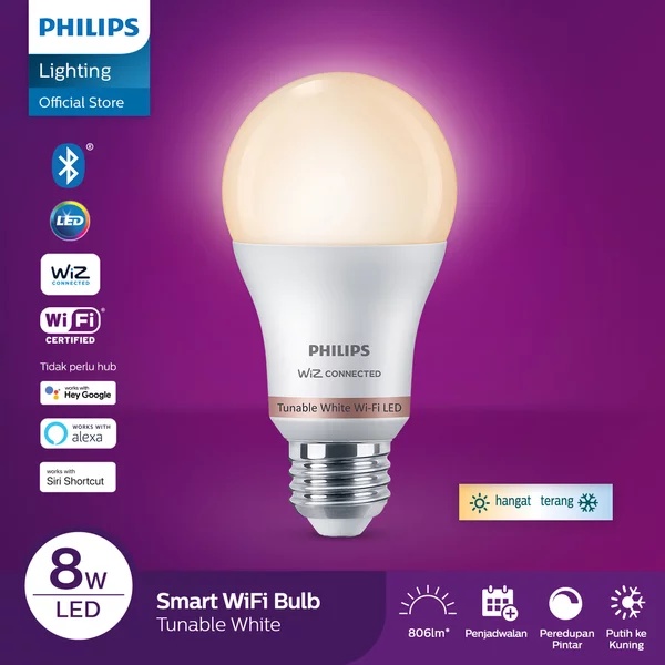 Lampu Pintar PHILIPS Tunable Smart WiFi Lampu LED White 8W On OFF Otomatis