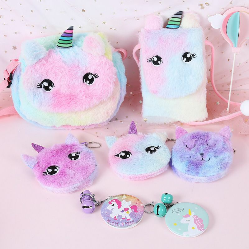 Tas Anak Unicorn Bulu Warna Ungu Pink Biru / Tas Selempang Anak Gradasi