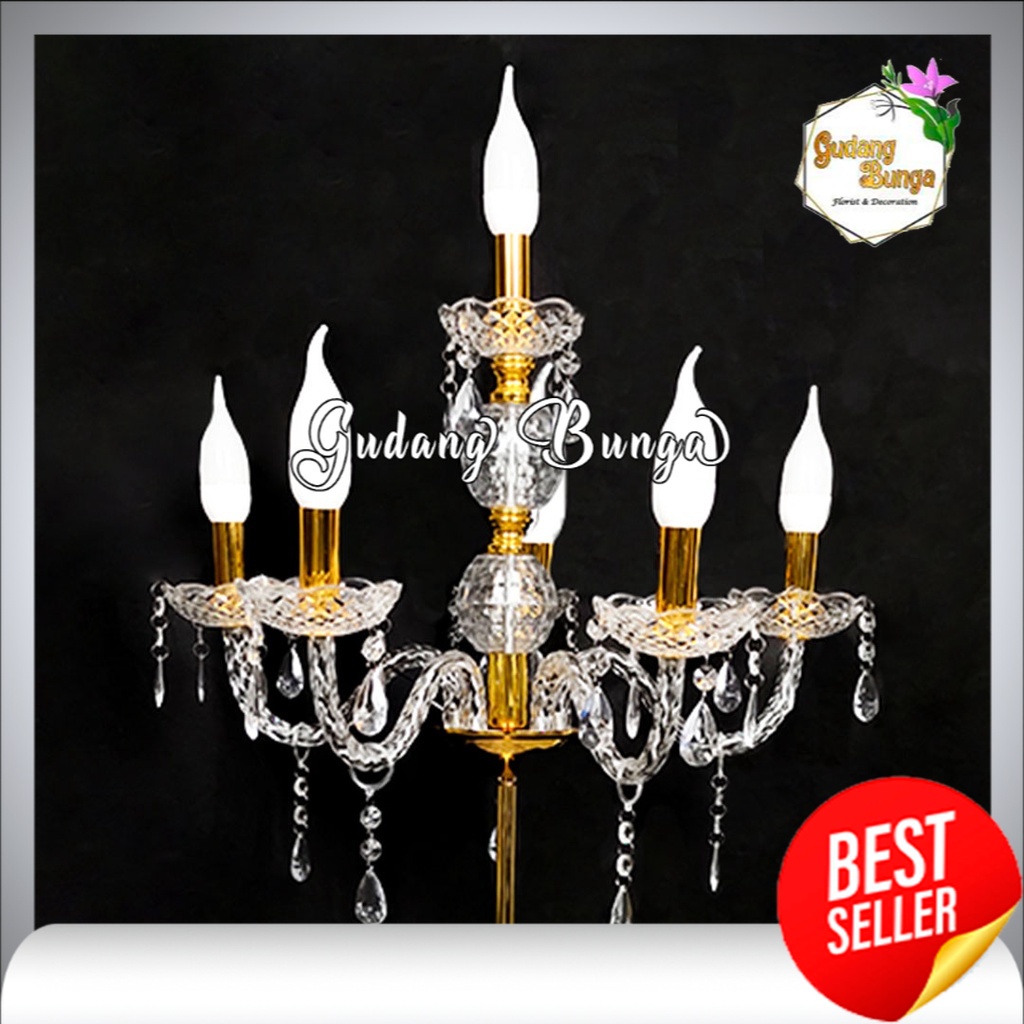 1 Set Lampu Standing / Berdiri Lilin Chandelier Cabang 6 Kristal- Lampu dekorasi pelaminan - lampu d