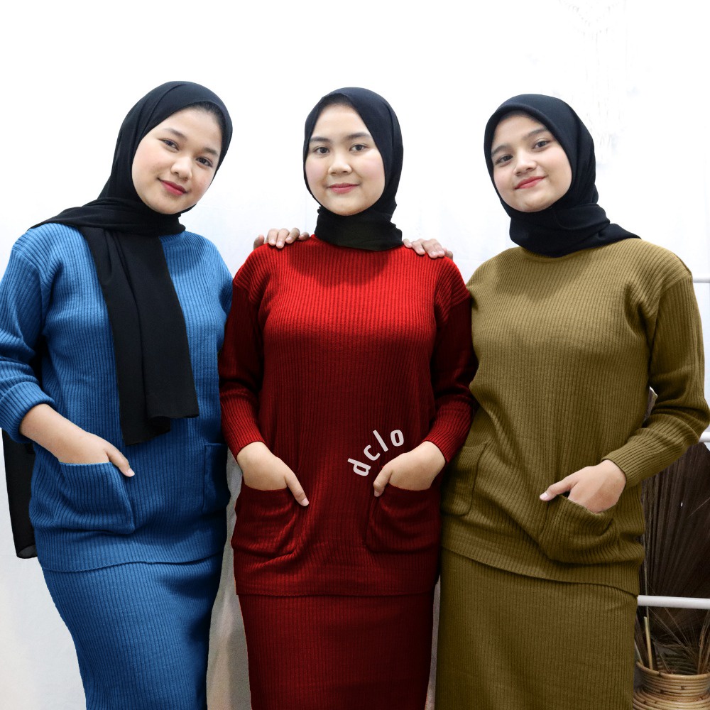 Pocky One Set + Rok 2 In 1 Setelan Rajut Wanita Muslim Atasan Boxy Terbaru / Rajut Premium Fit to XL