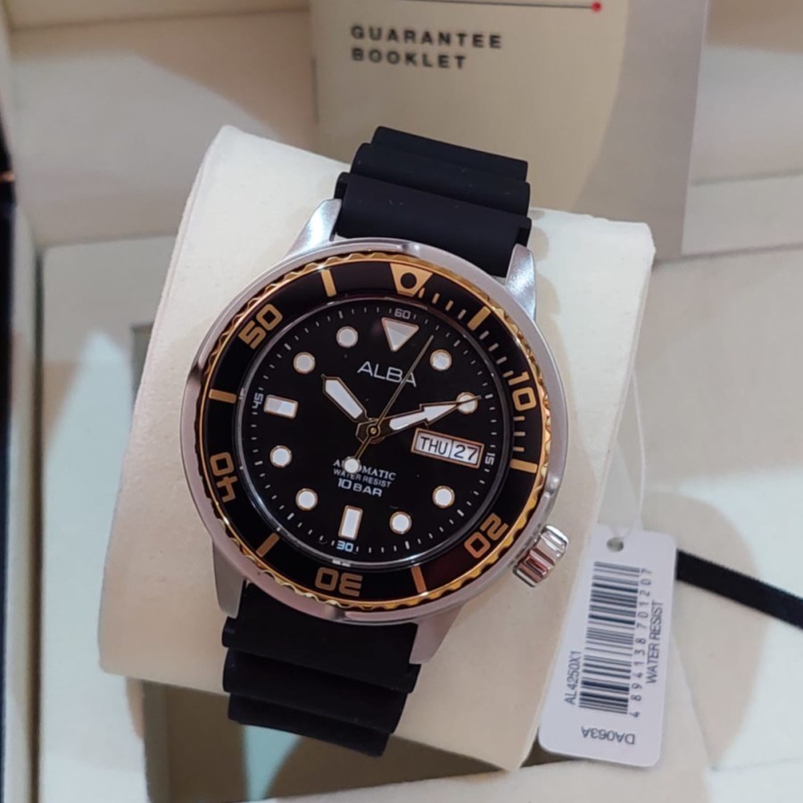 JAM TANGAN PRIA ALBA AL4250X1 AL4250 AUTOMATIC SILVER RUBBER BLACK TERBARU ORIGINAL