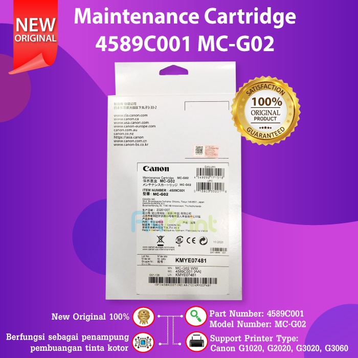 Original Maintenance Cartridge Canon MC-G02 MCG02 Ink Pad Printer G1020 G2020 G3020 G3060 G570 G670