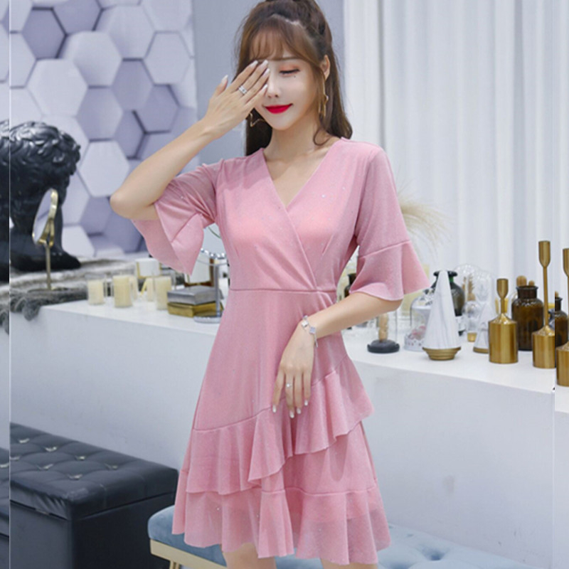 Gaun Mini Casual Wanita Dengan Model Potongan A Line Dan Kerah V Neck Bergaya Sexy Korea Shopee Indonesia