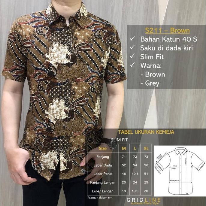 [Gridline - S211 Grey & Brown] Kemeja Batik Slimfit Pria Katun Premium