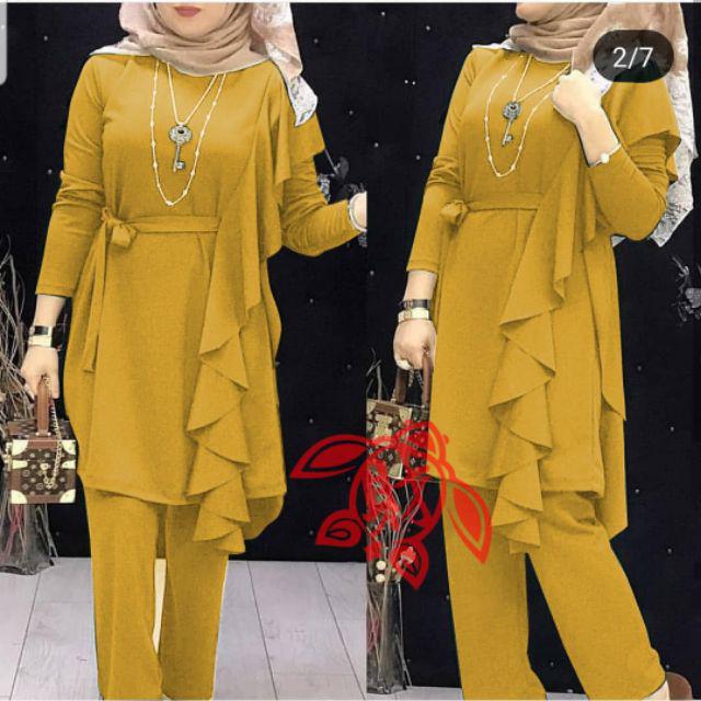 COD SETELAN WANITA NAURA /SETELAN TUNIK JUMBO /ONE SET POLOS/ SETELAN NUMBO / FASHION MUSLIM LAYER-Mustard