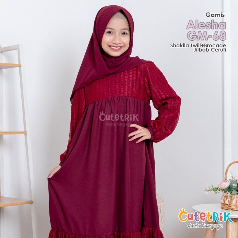CUTETRIK TERLARIS GAMIS PESTA GAMIS ANAK BROKAT WARNA MARUN SET JILBAB GM-68