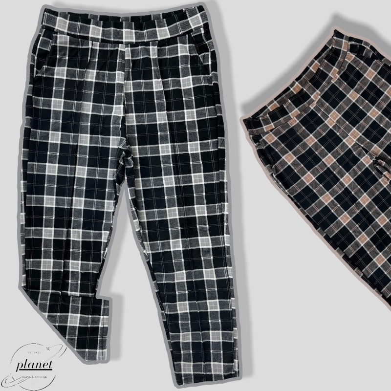 CELANA MOTIF KOTAK KOTAK JUMBO BIG SIZE CELANA PANJANG WANITA TARTAN PANTS BAHAN STRETCH MELAR PINGGANG KARET