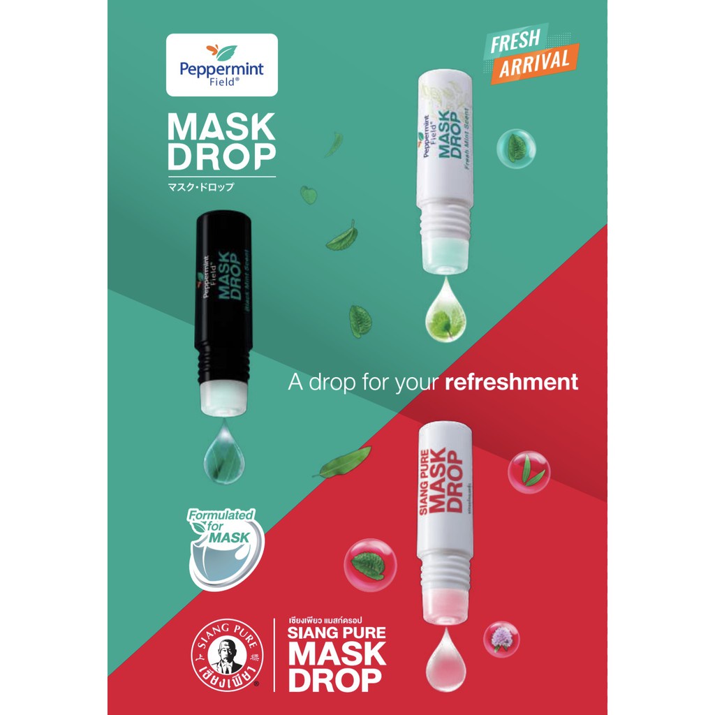 Peppermint Field Mask Drop Black &amp; Fresh Mint Scent Mask Drop Minyak | Minyak Angin Masker Thailand