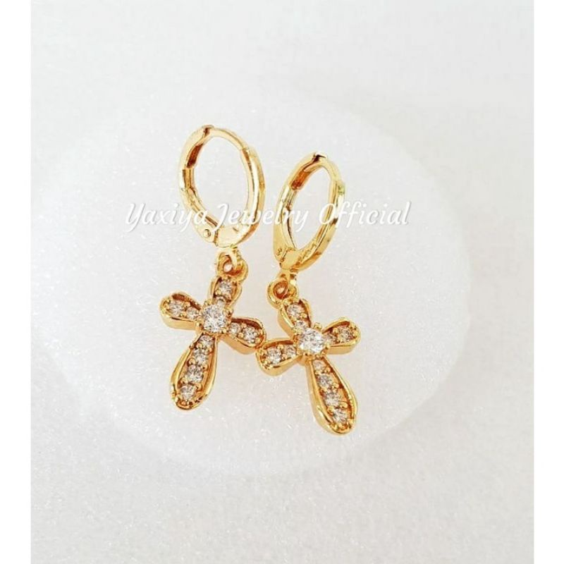 Yaxiya Anting Salib Anting Jurai salib perhiasan Lapis Emas 18k Impor