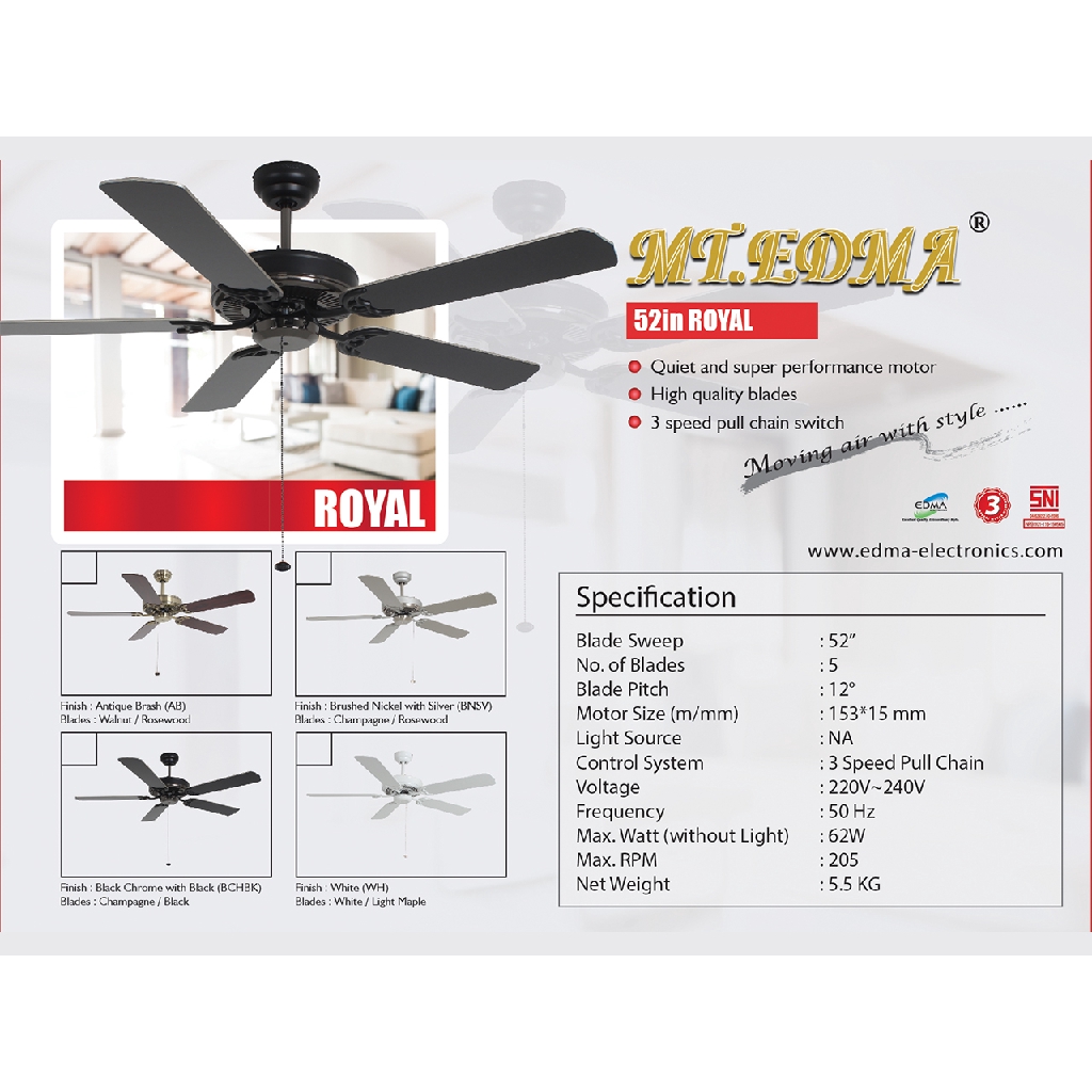 Mt.Edma 52in Royal Kipas Angin Plafon Ceiling Fan Dekoratif Dengan Lampu Hias