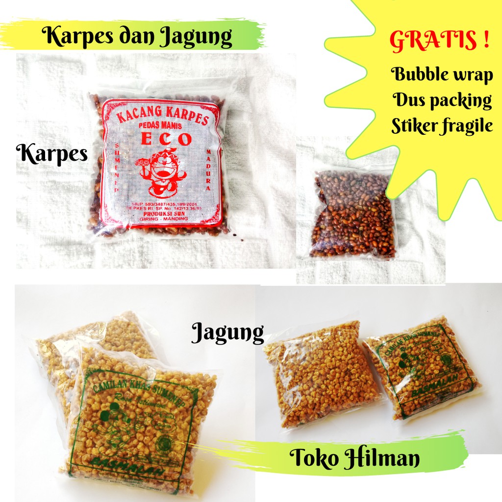 

Cemilan Kacang Karpes / Otok, Marning Jagung Rasa Pedas Manis, Makanan Ringan Khas Sumenep