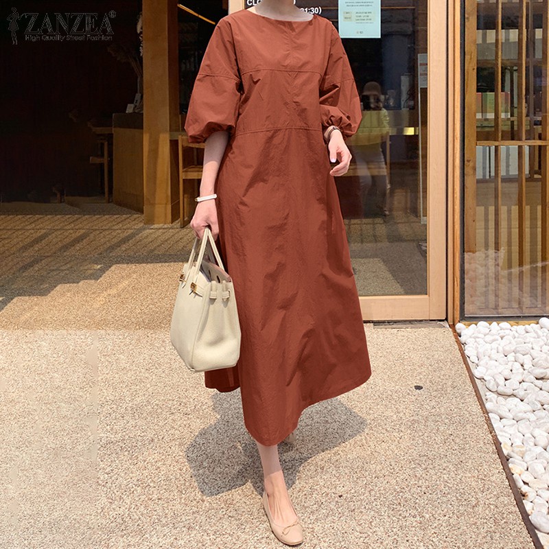 ZANZEA Women Casual 3/4 Lantern Sleeve Solid Color Elastic Cuff Maxi Dress