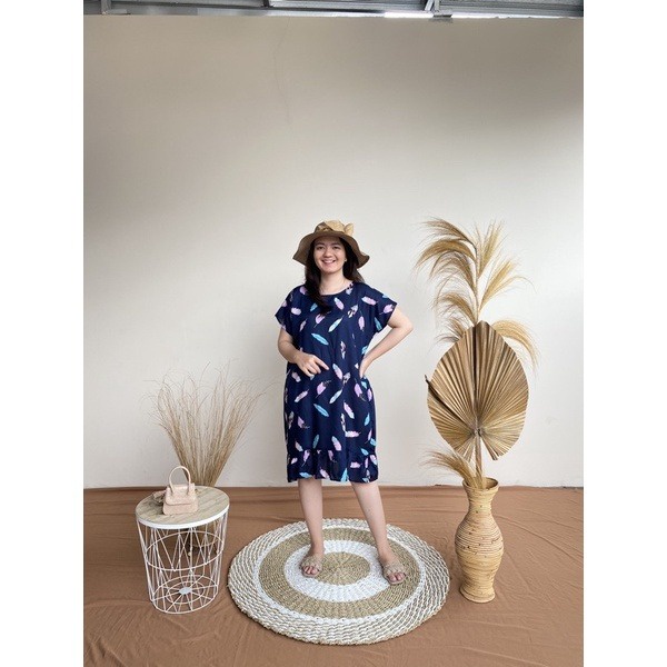 Daster Ruffle Kekinian Jumbo LD 120 | Daster Viral Selutut Murah | Daster Rayon Premium Non Busui-Daun Navy