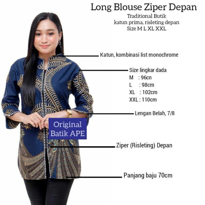 LONG BLOUSE TRADITIONAL BUTIK ZIPER RISLETING DEPAN BUSUI BATIK KOMBINASI READY M L XL XXL