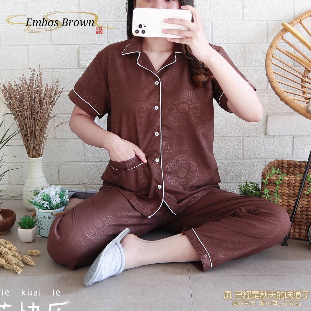 PIYAMA DEWASA PIYAMA WANITA CP LD 106 bunga stripe polkadot-embos Darkbrown L
