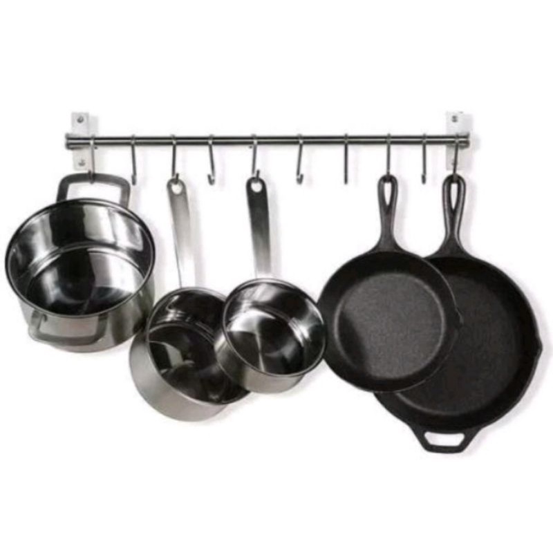 rack gantung dinding 1 tiang/Gantungan Alat Masak Dapur Spatula Panci Teflon Stainless Tempel Dinding 8 kait