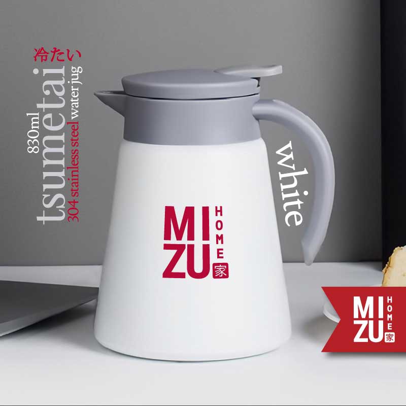 MIZU TSUMETAI 830ml 304 Stainless Steel Thermos Water Jug Teko Termos Stenles Air Panas Dingin-WHITE putih